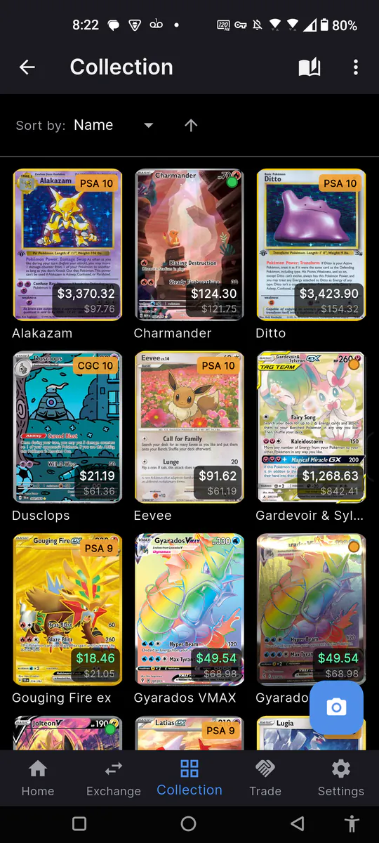 Binder view in card-exchange showing a grid of collected cards with prices and grading badges
