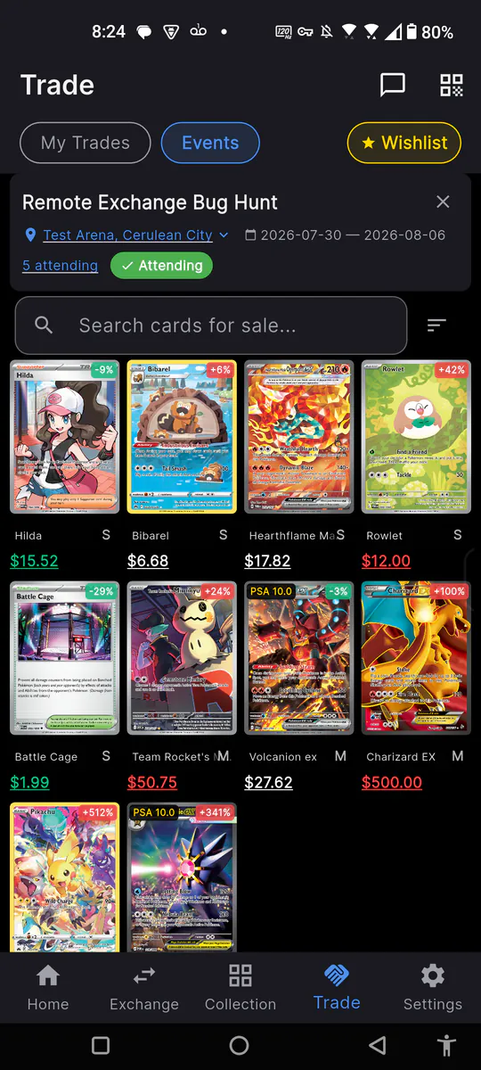 card-exchange event marketplace showing cards for sale from multiple vendors with prices